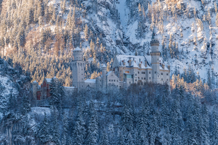 Schloss Neuschwanstein Schnee Sonnenaufgang